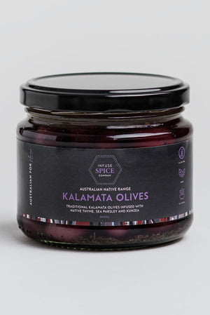 Kalamata Olives infused with Native Thyme, Sea Parsley and Kunzea